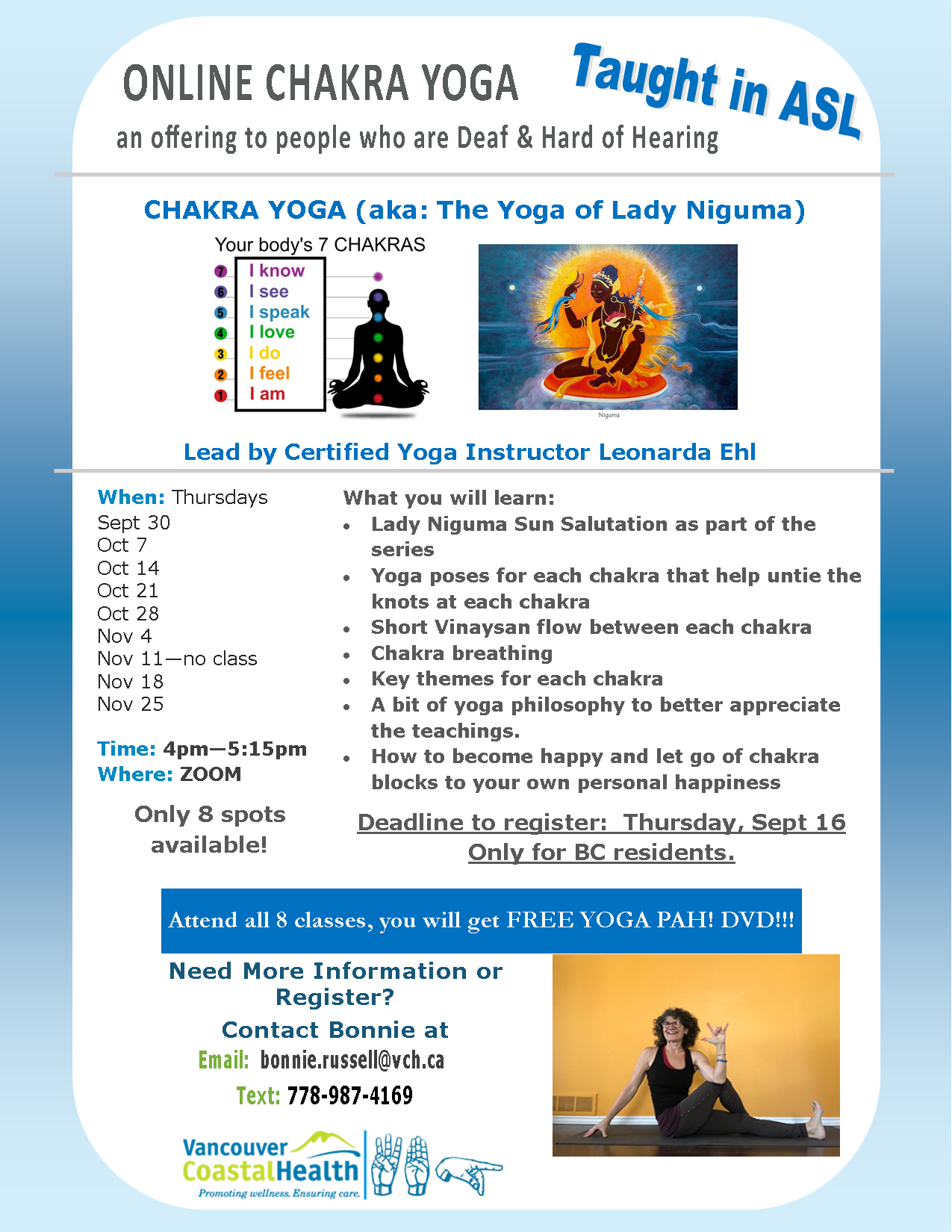 Flyer about Online Yoga Chakra in ASL