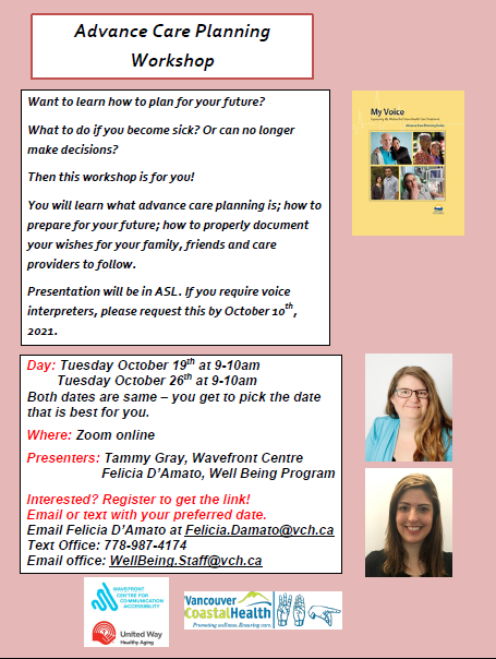 Flyer about Advance Care Planning workshop that will be offered virtually on Oct 19 and 26