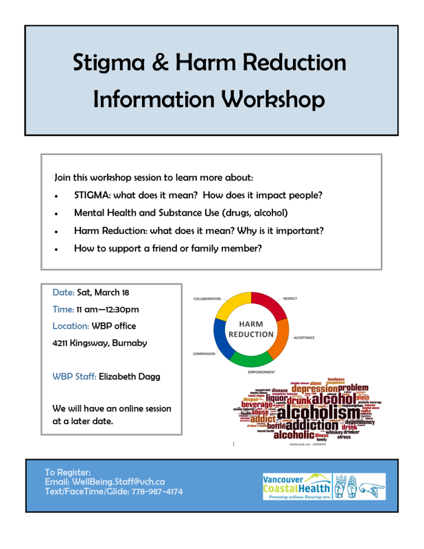 flyer about stigma and harm reduction workshop
