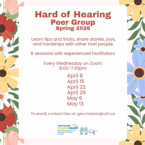 Flyer of an online support group for Hard of Hearing in BC.